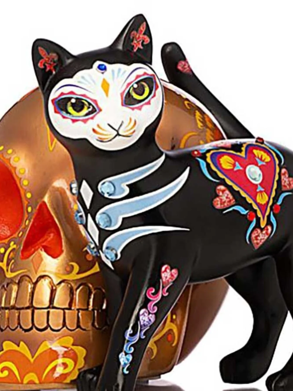 3 Hand-Painted Black Cat on Gray Decorative Skull Figurine